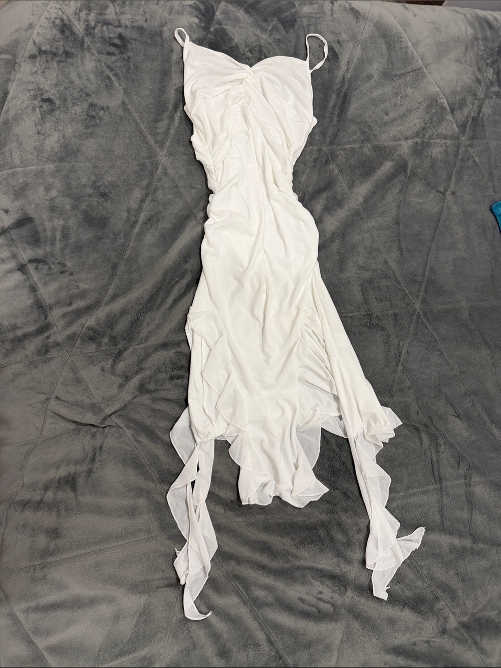 White Ruched Spaghetti-Strap Midi Dress
